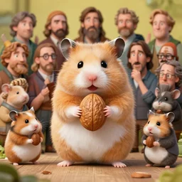 hamster Jesus holding a large nut, Alena Aenami, Petros Afshar, Noah Bradley, Anton Fadeev, Anato Finnstark, Steve Henderson, Filip Hodas, Mark Keathley, Thomas Kinkade, Phil Koch, Gilbert Williams, Mike Winkelmann, Beeple