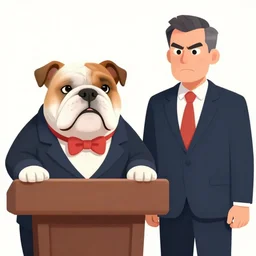 a president with clown bulldog face in a podium next to an angry first minister