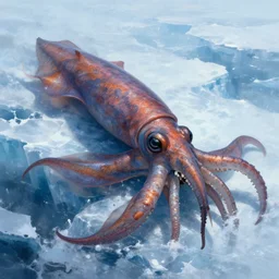 giant squid attacking humans on ice, fantasy, high detail, elegant, digital painting, cinematic lighting, textured skin, highly detailed, artstation, unreal engine 5, breathtaking, illustration, ilya kuvshinov, nikolay makovsky
