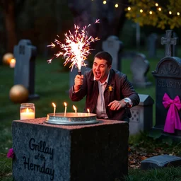 a guy hosting a blast of a party on a gravestone, funny