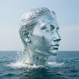 a giant sculpture of water in the shape of a human head, on the ocean water, cinematic, in the style of johnson tsang, long shot, hyper detailed, hyper realistic, ray tracing, 8 k resolution, sharp focus, realistic water, award winning