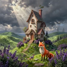 beautiful digital matter cinematic painting of whimsical tall house, fox, green hills with lavender heather bushes, whimsical scene bygreg rutkowki artstation