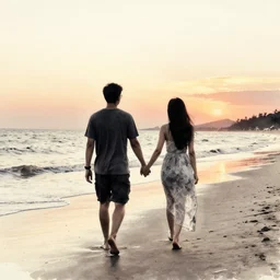man and woman holding hands walking along the shore of the beach, sunset, ink and brush