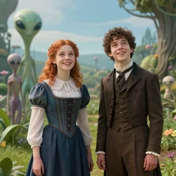 a girl and a boy standing next to some alien plants, in a park on a alien planet, looking happy, wearing victorian clothes, ultra realistic facial details,  ultra photorealistic raytracing, 8k