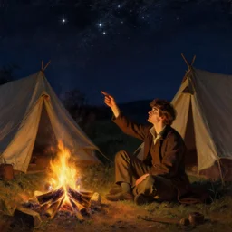very very attractive man counts the stars from beside the fire, his tent is nearby, melancholy, nostalgia, painting by gaston bussiere, craig mullins, j. c. leyendecker