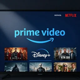 Logo for a primevideo, disney+ and netflix-style movie and series streaming site. Blue primary color.