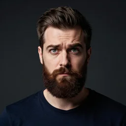a bearded man, eyebrow raised high, skeptical expression, condescending, centered in frame, professional photography, studio lighting, dark background