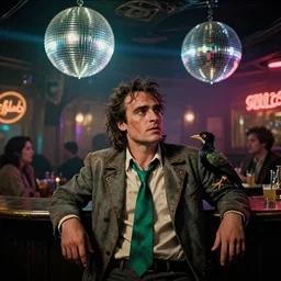 the wide shot of unkempt drunkard ( ( ( ( ( ( joaquin phoenix ) ) ) ) ) ) with sideburns worn in old grey jacket with emerald tie steal bird in steampunk bar, disco elysium movie with cinematography of christopher doyle, neon light, discoball, anamorphic, optical flares, award - winning photo, kodak film, masterpiece, 8 k