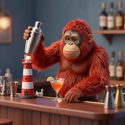 hero world atari, red orangutan as bartender holding and shaking detailed lighthouse miniature as shaker for make cocktails at bar, behance hd by jesper ejsing, by rhads, makoto shinkai and lois van baarle, ilya kuvshinov, rossdraws global illumination