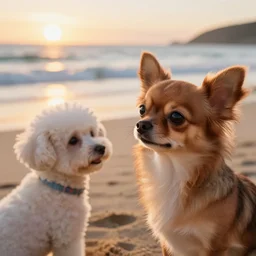 a cute brown long haired chihuahua cocker spaniel watches a bichon frise at the beach. sunset, surf. brightly lit. closeup photograph. unreal engine