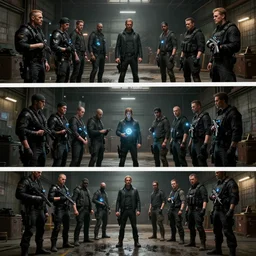 no border 3 panel graphic novel layout two groups of thug gangs standing in front of eachother, wearing black tactical outfits and weapons, are making a trade of glowing technology, inside a dim lit warehouse with wet floor, space western aesthetic, cinematic composition, cinematic colors, 3 5 mm lens, roger deakins style, realistic, imax quality photorealistic graphic novel layout by michael komarck, greg rut