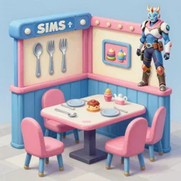 game asset of the sims cute restaurant furniture and decor, utensils, in gouache detailed paintings, props, stylized, 2 d sprites, kitbash, arcane, overwatch, blue and pink color scheme, 8 k, close up