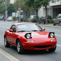 105mm photo of car full view mid distance photograph red Mazda Miata parked on street from 1990
