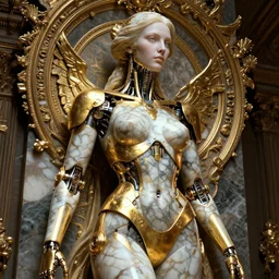 vibrant portrait of beautiful marble and golden cyborg woman by laurie greasley gustave dore ron english, cybernetics, low contrast, cinematic dramatic lighting, hyper realistic detailed intricate render, hypermaximalist, ornate, epic composition, cryengine octane, sharp focus, concept art, masterpiece
