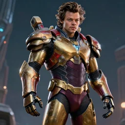harry styles with a suit mjolnir powered assault armor, style artstation, style greg rutkowsk, octane render, unreal engine 6, epic game graphics, fantasy, ciberpunk, conceptual art, ray tracing