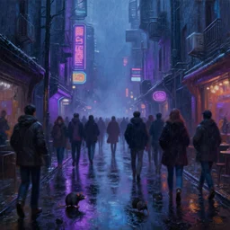 oil painting of narrow cyberpunk street in rainy night, rats, cats, crowd!!!, crowded!!!!, purple and blue neons, heave foggy, sci - fi, wet winter, low angle shot, water reflect, lush detail, cinematic lighting, sharp focus, hyperrealism, volumetric light, by sebastian luca on artstation. 4 k, concept art.
