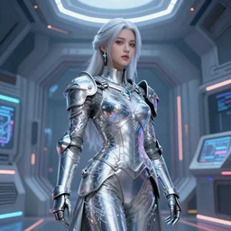 portrait armored astronaut girl, sliver ice color reflected wardrobe, in spaceship interior, ssci-fi neon light and fantasy, intricate and very very beautiful and elegant, highly detailed, digital painting, artstation, concept art, smooth and sharp focus, illustration, art by tian zi and WLOP and alphonse mucha