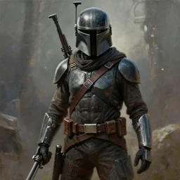 a full character of an intergalactic bounty hunter, sci - fi, hyper realistic, painting, full of details, unique, movie scene, dramatic, in the style of greg rutkowski,