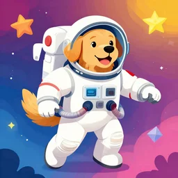 illustrated scene of a golden retriever in a space suit doing a space walk, cheerful colors, vibrant
