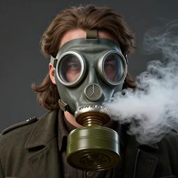 joseph stalin, wearing a gas mask, vaping thick clouds through the mask, close - up, hyper detailed 3 d matte painting, federico pela + greg rutkowski, hyper detailed 3 d render by unreal engine