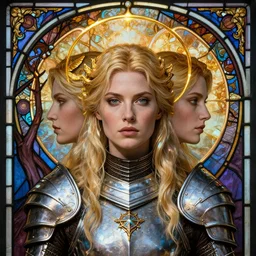 masterpiece head-on symmetrical centered portrait, Imogen Poots and Elisha Cuthbert as a Warcraft paladin, Elden Ring, blonde hair, prismatic golden halo around her head, wearing plate armour, elegant, distant, stained glass tarot style, in the style of Edgar Maxence and Ross Tran and Zdzisław Beksiński and Michael Whelan and Mucha and Gustave Doré, specular highlights, 8k, octane render