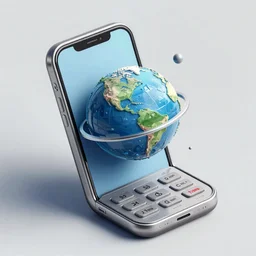 illustration of a mobile phone with a planet inside the screen going out of it, in 4 d, detailed and intricate forty five degree isometric cross, by victo ngai