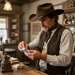 An Outlaw in a General Store looking to buy a pack of cigarettes', Wild West, highly detailed, HDR, 4k, realistic