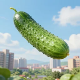Impossibly large cucumber floating in the sky above a city | ground view