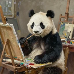 classic oil painting, a panda that is dressed as a painter inside a cluttered art studio, art by greg hildebrandt, and tim hildebrandt