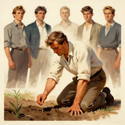 farmer kneeling down putting a seed in the soil, limited neutral palette, by pascal campion, petros afshar, anton fadeev, dean ellis, randolph stanley hewton, beautiful graphic full body portrait, propaganda poster art 1 9 7 0 s illustrated advertising art, painterly character design