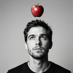monochrome tommy ingberg face portrait with a red apple hovering above him high definition