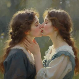 two women kissing. gouache fairytale art, russian romanticism, muted palette, backlighting, depth of field, bokeh.