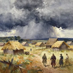 paint brush strokes, abstract watercolor painting of american frontier western viking town, straw roof, approaching storm, cinematic light, american romanticism by hans dahl, by jesper ejsing, by anders zorn, by greg rutkowski, by greg manchess, by tyler edlin