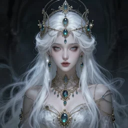 a beatiful white haired princess, adorned with precious stone jewelry, intricate concept art, ethereal, ominous, dramatic lighting, Ruan Jia and Jeremy Mann and Alphonse Mucha