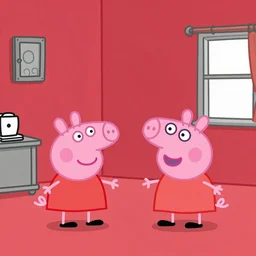 peppa pig and Mario playing in the red room from twin peaks, black and white zig zag floor, david lynch, the room has red curtains, the black lodge twin peaks