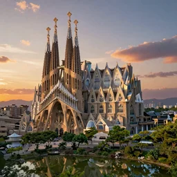 a stunningly detailed cathedral designed by Frank Lloyd Wright, surrounded by lush green forest, ponds of water, stunning volumetric lighting, sunset, metal, concrete, glass, stunning skies, trending on Artstation, 8k, photorealistic, hyper detailed, unreal engine 5, Rhinoceros 3D, IMAX quality, cinematic, epic lighting, in the style of Greg Rutkowski