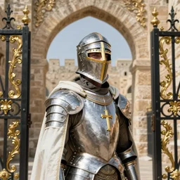 man looking forward in iron decorated with gold baroque style christian crusader armor, cylindrical helmet covering all his head decorated with golden cross on front it's front and white cape covering most of his body standing at the gates of jerusalem drawn by greg rutkowski realistic high detail