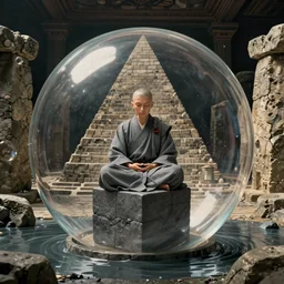 hyperrealist, dull colors, interior shot from howls moving castle 2 0 0 4 of a grey monk meditating on a grey cube inside a cubic bubble in a flooded stonehenge pyramid. bubble.