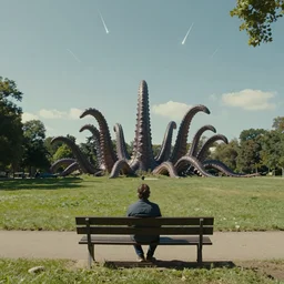 a film still of a man sitting on a bench in a park, sunny day, wide shot, massive tentacles are rising out of the ground in the distance, meteors falling from the sky