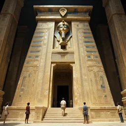 a 7 0 s sci fi film art of the entry of a egyptian temple tower, with futuristic wall layers and art deco stair by tim hildebrandt, dylan cole, eric heschong,