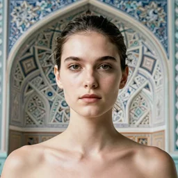 long shot, kodak portra, 8 k, soft light, fine art portrait photography, face neck shoulders, fashion photography, background fractal muqarnas, maxfield parrish, camille vivier, moebius, james jean, yoji shinkawa, odilon redon, gaston bussiere, eugene grasset, janis rozentals