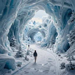 beguiling epic stunning beautiful insanely detailed matte painting of impossible winding path through arctic dream worlds, vast surreal interior ice architecture, by cyril rolando, by asher durand, by natalie shau, masterpiece, imaginative, whimsical, grand, intricate details, elite, masterful composition