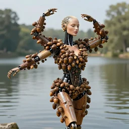 a beautiful hyper realistic droid woman body. her body is covered by dozens of high detailed acorns. she is dancing over the lake
