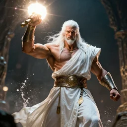 zeus, god of thunder, greek god, white hair, powerful, upper body, white robe, in mortal kombat, gears of war, splash art, movie still, cinematic lighting, dramatic, octane render, long lens, shallow depth of field, bokeh, anamorphic lens flare, 8 k, hyper detailed, 3 5 mm film grain