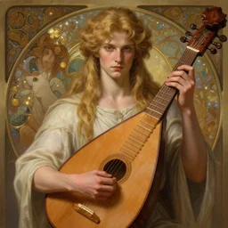 beautiful bard holding a lute, accurate anatomy, only two hands, highly detailed, digital painting, artstation, concept art, smooth, sharp focus, illustration, Unreal Engine 5, 8K, art by Artgerm and greg rutkowski and alphonse Mucha