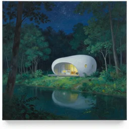 painting by Hasui Kawase, atmospheric cozy futuristic organic white concrete house in the middle of a lush and dense forest at night, a beautiful lake next to it, night time, night sky, starry night sky, by Hasui Kawase