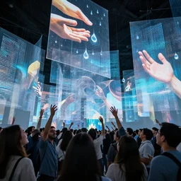 groups of happy people, many vortexes of overlapping translucent gigantic screens projecting beautiful random hd large images, floating translucent graphics, dripping light drops, hands touching light drops, supercomputers transforming text to images, perfect lighting pixel sorting