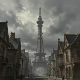 A street-level view of a gloomy fantasy Victorian-era town, single-point perspective centered in a radio tall, foreboding radio tower with cast-iron walkways, muted colors cloudy weather, detailed digital rational painting art by Greg Rutkowski, magic fantasy highly detailed, digital concept art, sharp focus, realistic concept art by Stephen Hickman and James Gurney and Hiromasa Ogura Ghost in the Shell rendered in Octane Render, From a distance