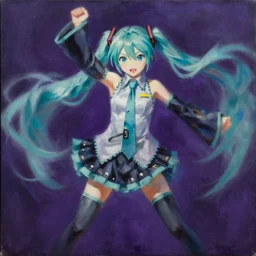 oil painting portrait of hatsune miku swinging and moving violently to the foreground of the painting, dynamic movement, deep purple background, chiaroscuro, automatism, tachisme, violence, heavy impasto technique, painterly, dynamism, iridescence, iridescent gradient, gaussian blur, desaturated, palette knife, black background