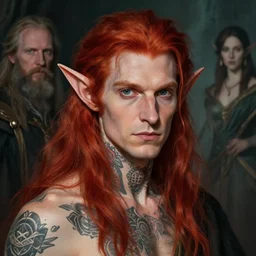 A detailed portrait of wizard elf with red hairs and tattoos by Peter Kemp and Monia Merlo
